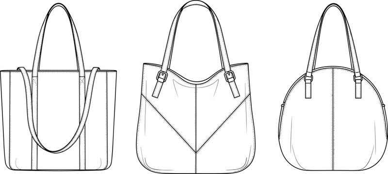 Technical fashion flat sketch set of tote bags shoulder bags and hobo handbags for design tech pack and manufacturing template