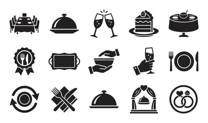 Plakat Set of black glyph icons for restaurants and catering services showing a banquet table, cloche, cake, and wedding rings for a celebration event in a flat, minimalist style