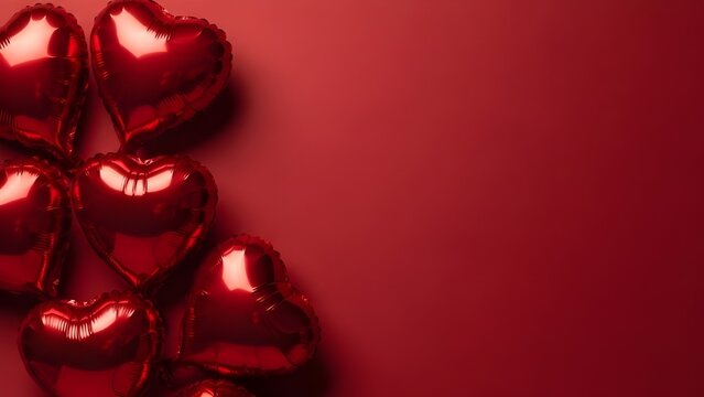 Vibrant red heart balloons clustered on a rich crimson background with copy space - Powered by Adobe