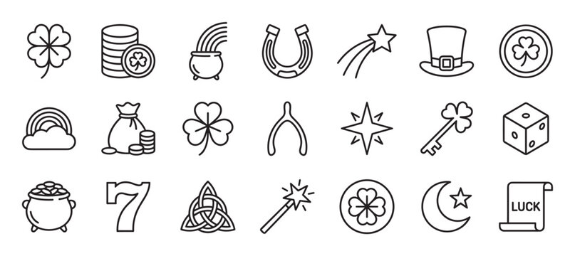 Set of luck and fortune icons featuring a four-leaf clover, horseshoe, pot of gold, rainbow, and other good luck charms in a simple black and white line art vector style
