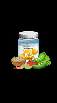 Molybdenum Supplement Bottle Surrounded by Healthy Plant Foods Animation