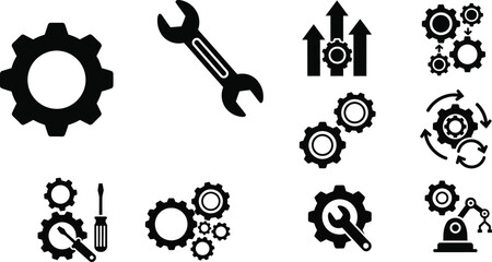 Assortment of tools and gears arranged in a circular pattern, representing mechanical engineering and repair.