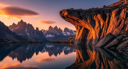 Dramatic mountain peaks and lake reflection at golden hour sunset, alpine landscape.