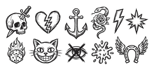 Collection of hand-drawn old school tattoo flash sketches featuring a skull, broken heart, anchor, snake, and other classic symbols in a rough, monochrome ink style illustration