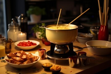 Fondue pot with melted cheese, bread cubes, and cherry tomatoes on a wooden table