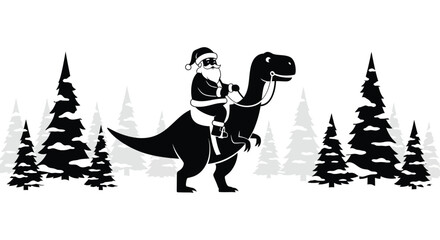 a whimsical scene of santa claus riding a dinosaur through a snowy forest landscape silhouette © mrvect02