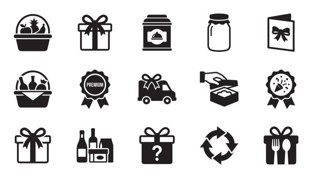 Collection of black glyph icons representing gifts, food delivery, and celebration, featuring minimalist symbols for presents, hampers, quality seals, and greeting cards in a clean vector style