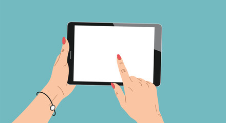 Person holding a modern tablet computer with a blank white screen using their fingers to touch and interact with the device.