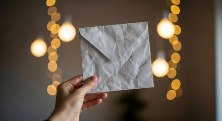 Hand holding a crumpled white paper envelope with soft bokeh lights in the background