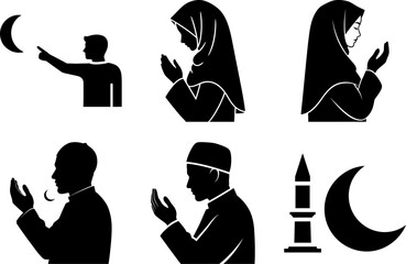 Islamic Prayer and Moon Sighting Silhouette Set - Muslim Men and Women Praying Vector Art