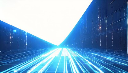 Futuristic Digital Tunnel with Glowing Blue Lights and Bright White Play Button Symbol Animation Motion Graphics - Powered by Adobe