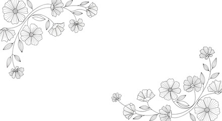 Decorative corner elements made of intricate black and white hand drawn flowers and leaves on a plain white background.