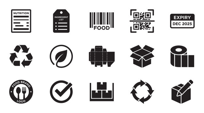 Set of fifteen black glyph icons for food product packaging, showing information symbols like nutrition, barcode, QR code, expiry date, and eco-friendly recycling signs
