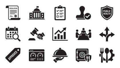 Collection of black glyph icons representing regulation, law, business, and public health concepts like government, auction, and food service in a minimalist flat style