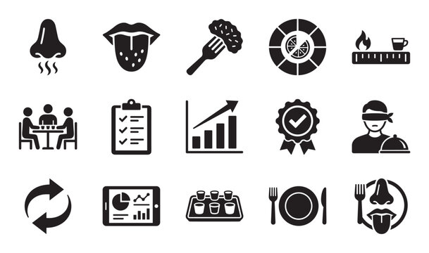 Collection of black glyph icons representing sensory analysis, food tasting, and market research concepts like blind tests, quality evaluation, and consumer focus groups