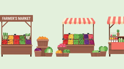 Farmer's market stalls with fresh produce in flat design on light background