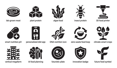 Set of black glyph icons representing future food technology concepts like lab-grown meat, plant protein, vertical farming, 3D printing, and personalized nutrition through AI