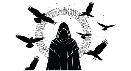 A mysterious hooded figure stands encircled by runes with several birds in flight a striking silhouette