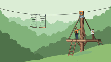 Adventure park zip line platform in green landscape with safety equipment