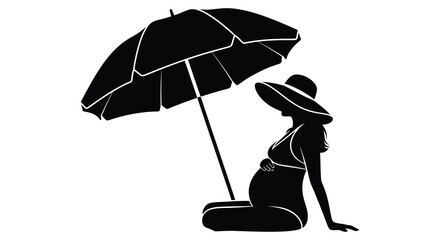 A pregnant woman relaxes on the beach beneath a parasol enjoying a sunny day silhouette © mrvect02