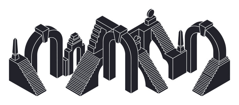 Collection of abstract isometric architectural structures featuring impossible staircases, arches, and obelisks in a surreal, minimalist monochrome vector illustration
