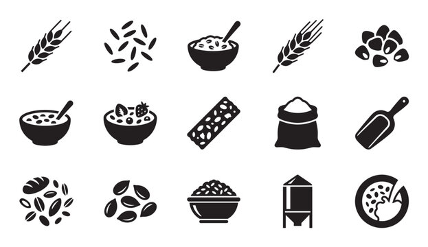 Collection of black glyph icons representing cereal, grains, and breakfast foods like oatmeal, wheat, and rice, illustrating the process from farm to bowl in a simple vector style