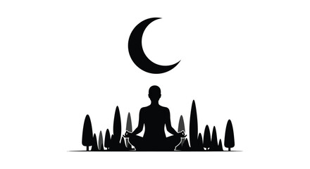 a serene scene depicting a person meditating in the lotus position under a crescent moon silhouette