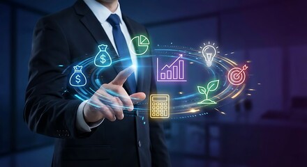 Businessman touching a virtual screen and pressing social network icons