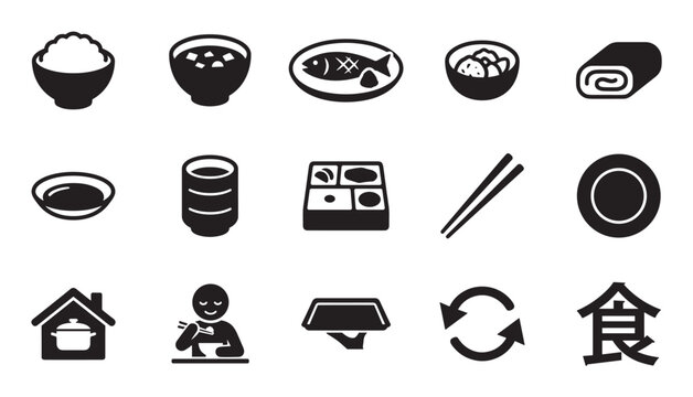 Collection of black Japanese food icons in a minimalist style, featuring traditional dishes like rice, miso soup, grilled fish, bento box, and dining symbols