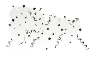 Falling silver confetti, small square pieces and wavy metallic ribbons, glistening with a brilliant sheen, isolated on a transparent background with copy space, bright celebration atmosphere