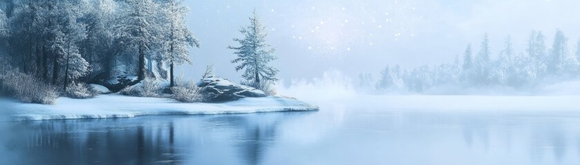 A serene winter landscape by a frozen lake.