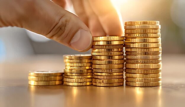 Four Stacks Of Gold Coins Increasing In Height On A Wooden Surface With Soft Bokeh Background And Golden Sunlight