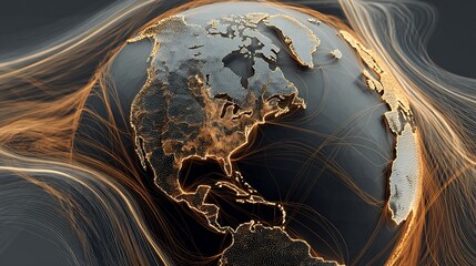 Globe map with gold continents, surrounded by flowing data lines, global technology concept