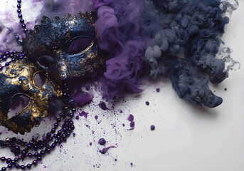 Elegant Venetian carnival masks with gold accents and dramatic purple and black smoke on white background
