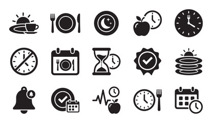 Collection of black glyph icons representing intermittent fasting, meal timing, and diet schedules, including symbols for breakfast, dinner, clock, calendar, and healthy eating