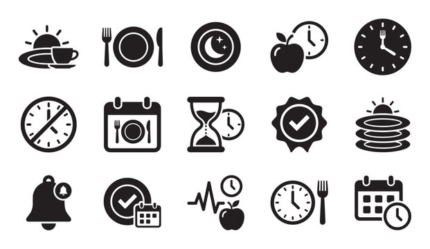 Collection of black glyph icons representing intermittent fasting, meal timing, and diet schedules, including symbols for breakfast, dinner, clock, calendar, and healthy eating