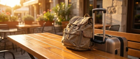 candid backpack setup of a traveler rolling luggage on a clean tabletop in warm golden-hour light realistic