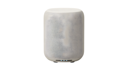 Modern white cylindrical smart speaker textured mesh fabric stands vertically Three blue indicator lights glow base isolated black background bright s