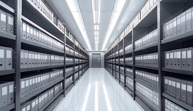 Endless Rows Of Archival Binders In A Brightly Lit Storage Room With A Mirrored Floor