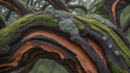 Moss Covered Tree Branch Illustration with Natural Lighting and Earthy Texture - Perfect for Environmental Themes