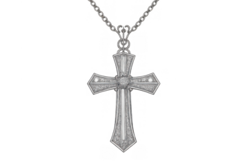 Silver cross featuring intricate details and a central gem, hanging from a metal chain on a transparent background
