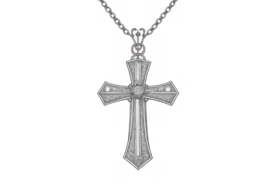 Silver cross featuring intricate details and a central gem, hanging from a metal chain on a transparent background - Powered by Adobe