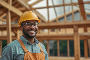 Black man worker wearing a yellow hard hat and orange overalls is smiling of construction frame and building at the construction site