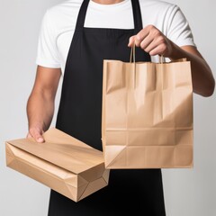 Professional Waiter Holding Paper Bag and Box Illustration for Restaurant and Food Delivery Services Menu