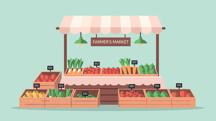 Farmer's market stall with fresh produce in flat design style