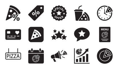 Collection of black solid glyph icons for a pizza restaurant, illustrating food delivery, special offers, discounts, menu, payment, customer ratings, and marketing promotions