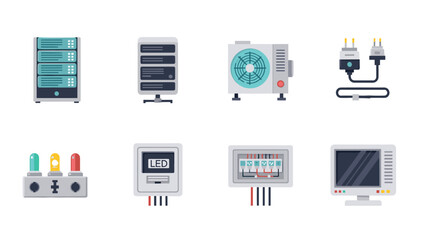 Flat style electronics icons set featuring server, fan, and control panel