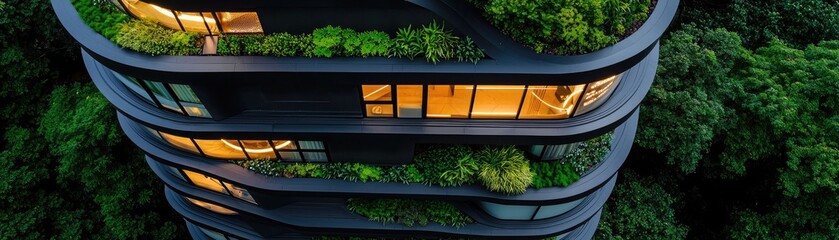 Modern spiral tower with vertical gardens.