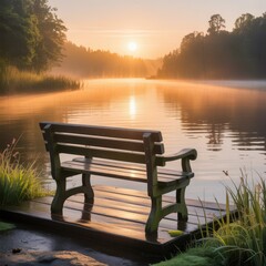 Serene Lakeside Bench Illustration at Sunrise with Warm Golden Light and Peaceful Atmosphere