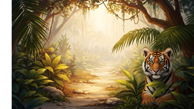 ungle Dawn: Tiger in the Mist
Golden Path to the Tiger
Amidst the Jungle&rsquo;s Quiet Majesty
Tiger&rsquo;s Glimpse in the First Light
Dawn Safari: Tiger in the Foliage